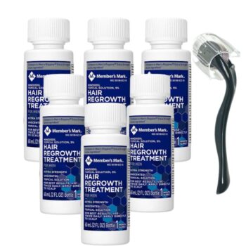 Member’s Mark Minoxidil 5%, Tratament Pentru Barba și Scalp, 6 Luni Aplicare, Dermaroller cu Capac Protector