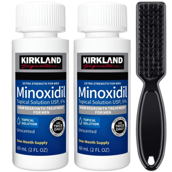 Minoxidil Kirkland 5%, 2 Luni Aplicare + Perie Curatare Impuritati, Tratament pentru caderea parului si cresterea barbii