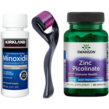 Kirkland Minoxidil 5%, 1 Luna Aplicare + Dermaroller + Zinc Picolinate, 22 mg, Swanson, 60 Capsule