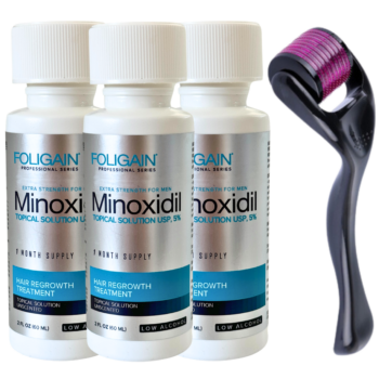 Minoxidil Foligain 5%, 3 Luni Aplicare, Cantitate de Alcool Redusa + Dermaroller,  Tratament pentru caderea parului si cresterea barbii