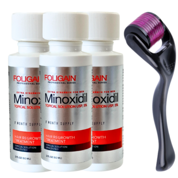Minoxidil Foligain 5%, 3 Luni Aplicare + Dermaroller, Tratament pentru caderea parului si cresterea barbii