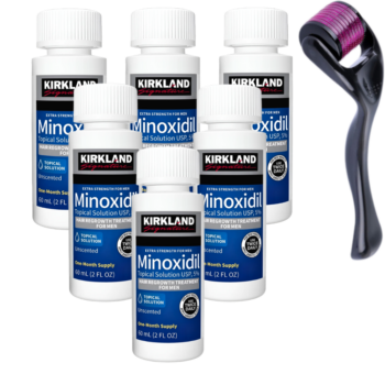 Minoxidil Kirkland 5%, 6 Luni Aplicare +Dermaroller Cu Carcasa Protectoare, Tratament pentru caderea parului si cresterea barbii
