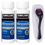 Minoxidil Kirkland 5%, 2 Luni Aplicare, Dermaroller Cu Carcasa Protectoare, Tratament pentru caderea parului si cresterea barbii