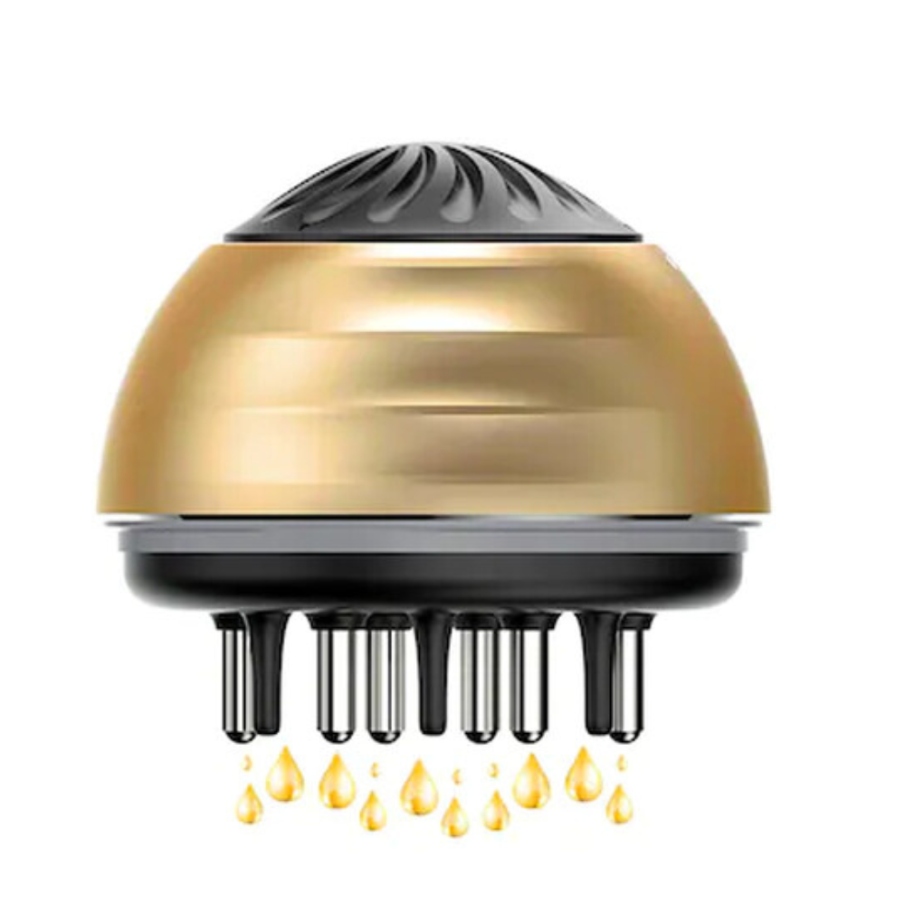 Untitled design (4) Dispozitiv 2-în-1 pentru Masaj Capilar, cu Funcție de Dozare și Aplicator pentru Uleiuri Esențiale și Tratamente Capilare Lichide, Auriu/Negru - imagine 1