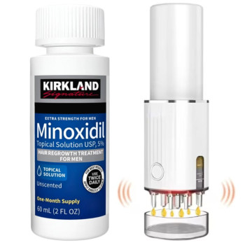 Set Crestere Barba si Par, Minoxidil Kirkland 5% si Aplicator Electric cu Masaj Scalp, Microcurenti si Lumina Rosie