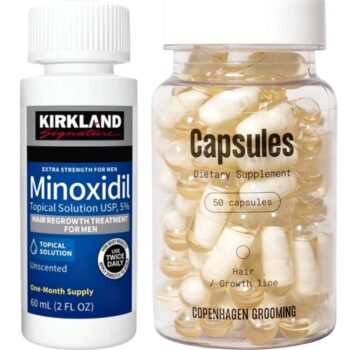 Minoxidil Kirkland 5% + Hair Capsules Copenhagen Grooming, 100% Vegan, 50 Capsule, Tratament pentru caderea parului si cresterea barbii
