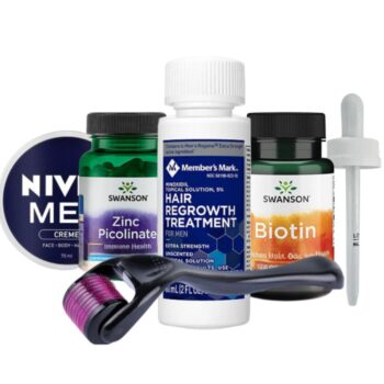Set Complet Pentru Cresterea Parului/Barbii, Minoxidil Member's Mark 1 Luna Aplicare, Zinc, Biotin, Nivea Crema Hidratanta, Dermaroller, Pipeta Originala, Tratament pentru Caderea Parului si Cresterea Barbii