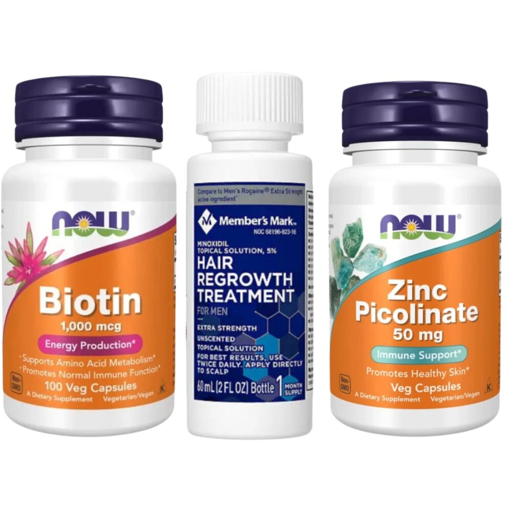 Untitled design Minoxidil Member's Mark 5%, Zinc Picolinate, 50 mg, Now, 60 Capsule + Biotin 1000 mcg, 100 Capsule,Tratament pentru Caderea Parului si Cresterea Barbii - imagine 1
