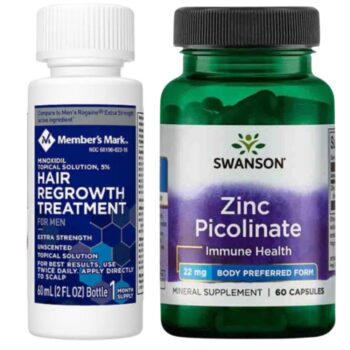 Minoxidil Member’s Mark 5% + Zinc Picolinate, 22 mg, Swanson, 60 Capsule, Tratament pentru Caderea Parului si Cresterea Barbii