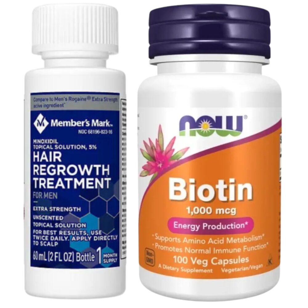 minoxidil-kirkland-5-biotin-now-1000-mcg-100-capsule-tratament-pentru-caderea-parului-si-cresterea-barbii Minoxidil Member’s Mark 5% + Biotin NOW 1000 mcg, 100 Capsule, Tratament pentru Caderea Parului si Cresterea Barbii - imagine 1