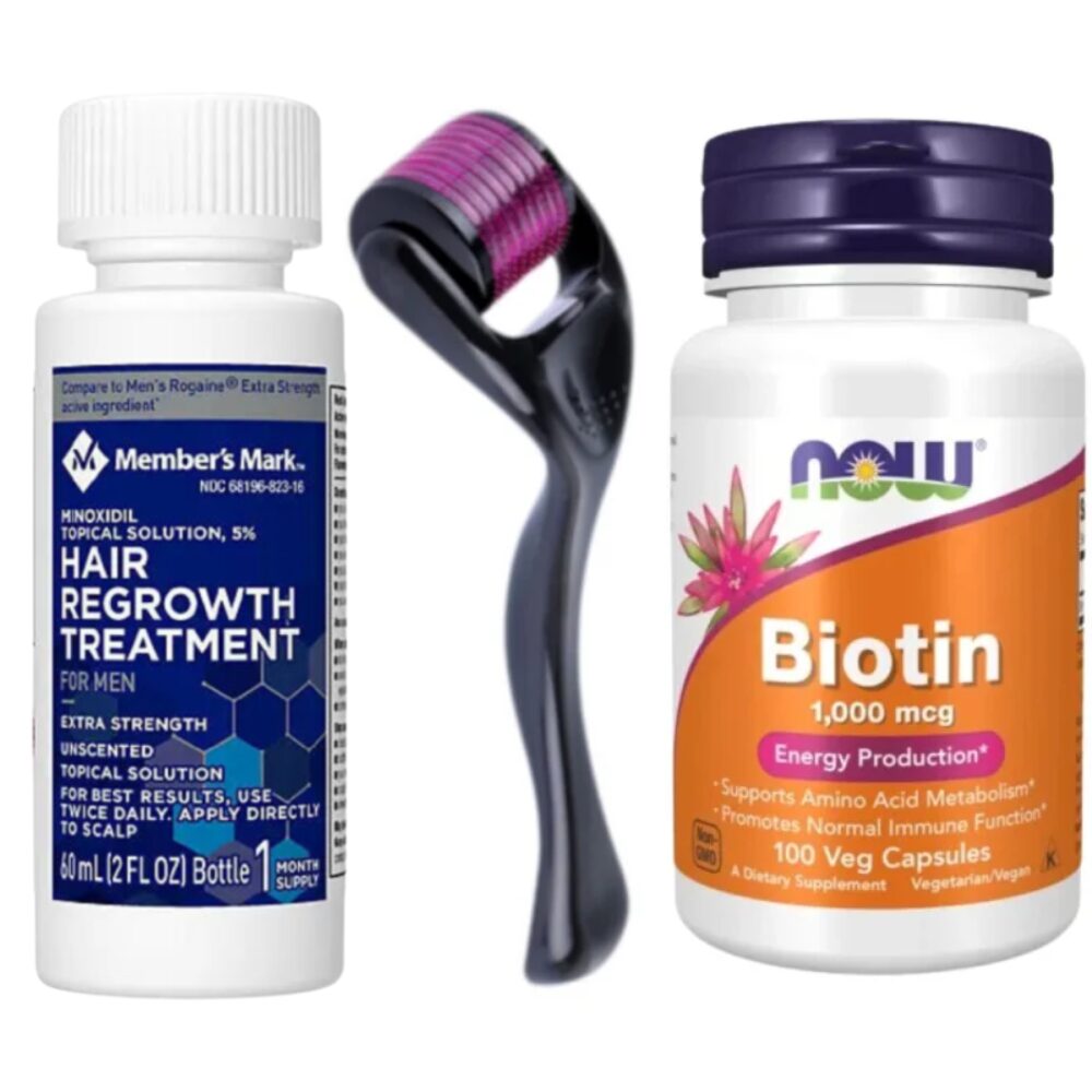 set minoxidil plus biotin Kit Crestere Barba si Par, Minoxidil Member's Mark 5%, Dermaroller si Biotina 1000 mcg5 – Tratament 1 Luna - imagine 1
