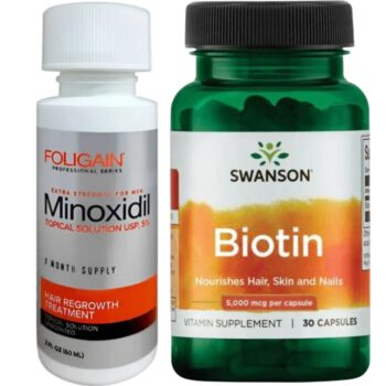 Minoxidil Foligain 5%, 1 Luna Aplicare, Tratament pentru caderea parului si cresterea barbii, 60 ml, Biotin Swanson, 5000 mcg, 30 Capsule Masticabile, 1 Luna Utilizare, Tratament Pentru Barba/Par