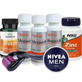 Set Complet Pentru Cresterea Parului/Barbii, Minoxidil Foligain 5%, Zinc, Biotin, Nivea Crema Hidratanta, Dermaroller, Pipeta, Tratament Pentru 3 Luni