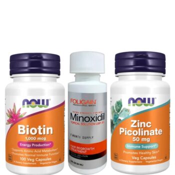 Minoxidil Foligain 5%, Zinc Picolinate 50 mg Now 60 Capsule, Biotin 1000 mcg 100 Capsule,Tratament pentru Caderea Parului si Cresterea Barbii