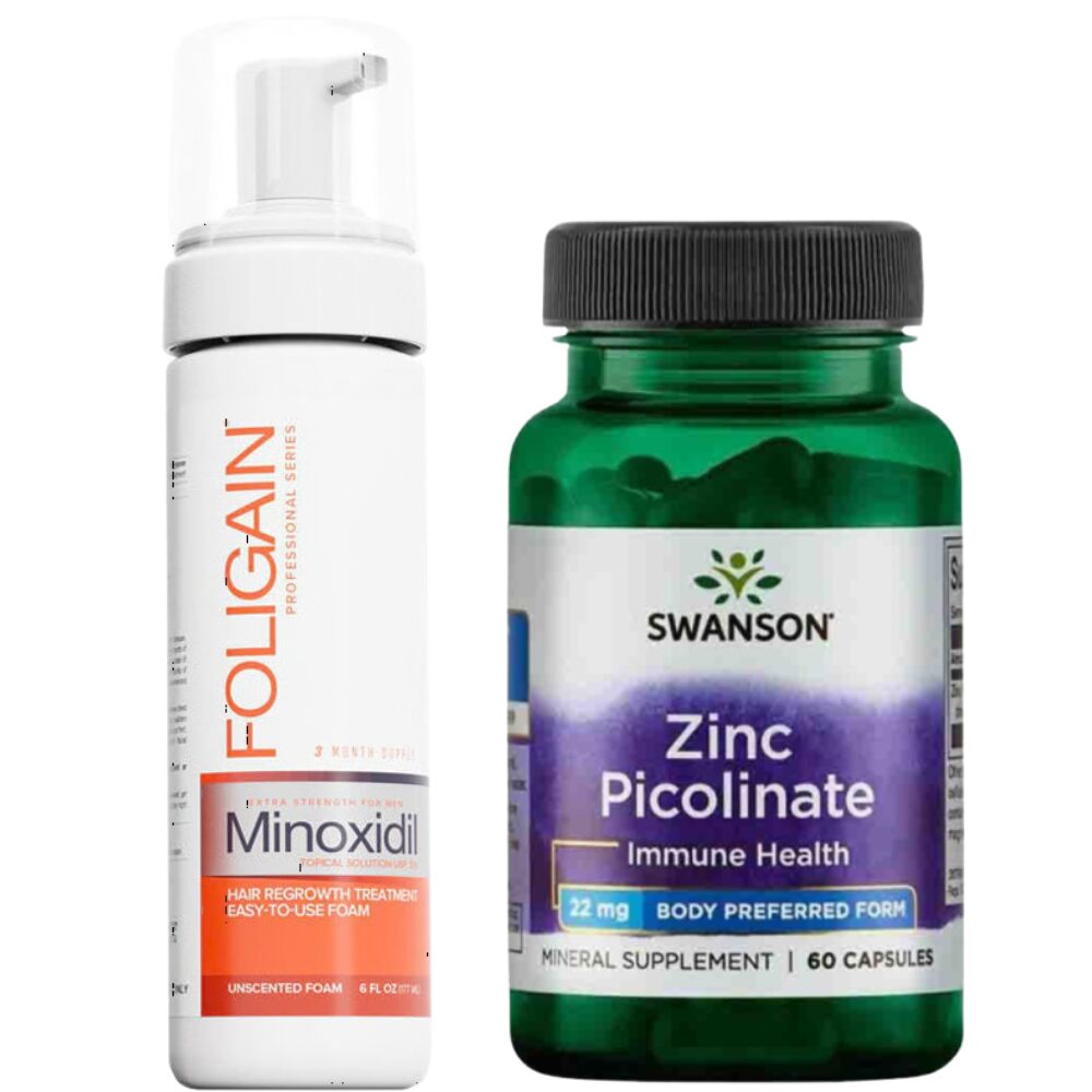 Member's Mark seturi (10) Spuma Minoxidil Foligain 5%, Zinc Picolinate 22 mg Swanson, 60 Capsule, Tratament pentru Caderea Parului si Cresterea Barbii - imagine 1